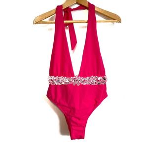 Ann summer's pink, embellished, plunge swimsuit. Size 8.